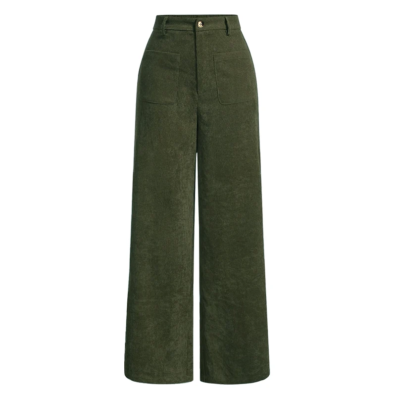 Spodnie damskie z szerokimi nogawkami i kieszeniami high waist Khaki