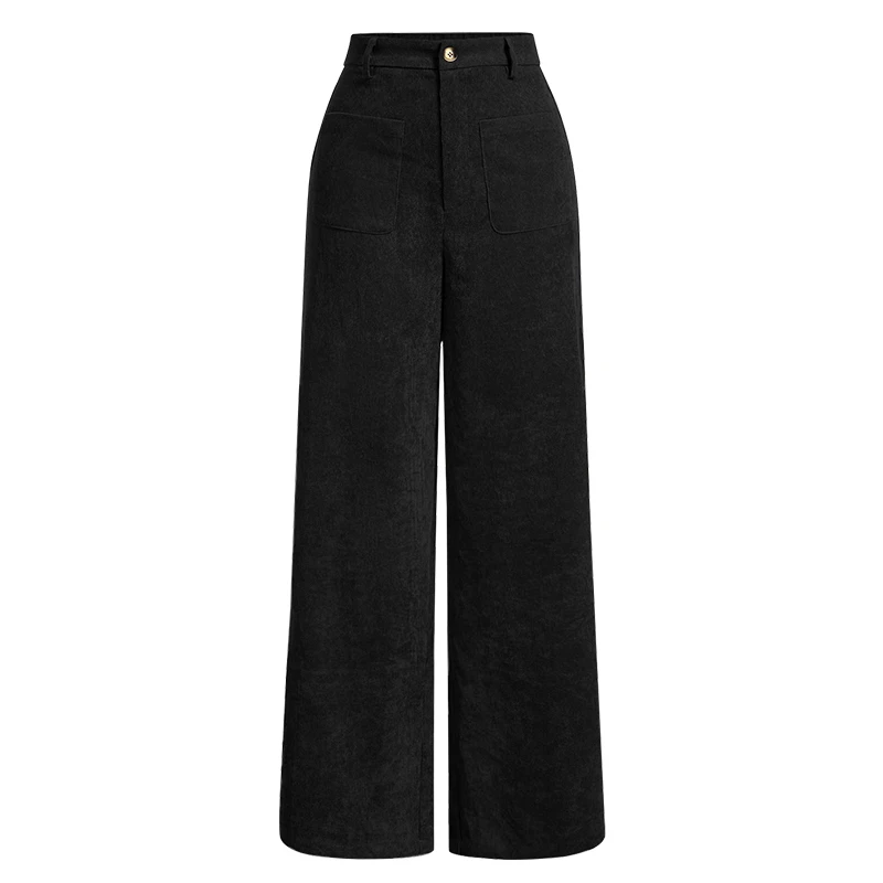 Spodnie damskie z szerokimi nogawkami i kieszeniami high waist Czarny