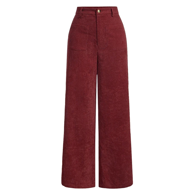 Spodnie damskie z szerokimi nogawkami i kieszeniami high waist Bordowy