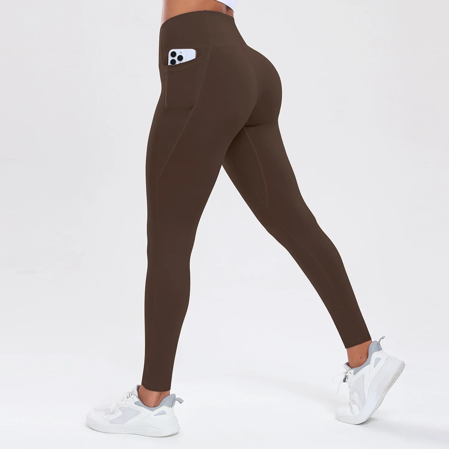 Damskie spodnie do jogi z kieszeniami modelujące pośladki Kawowy