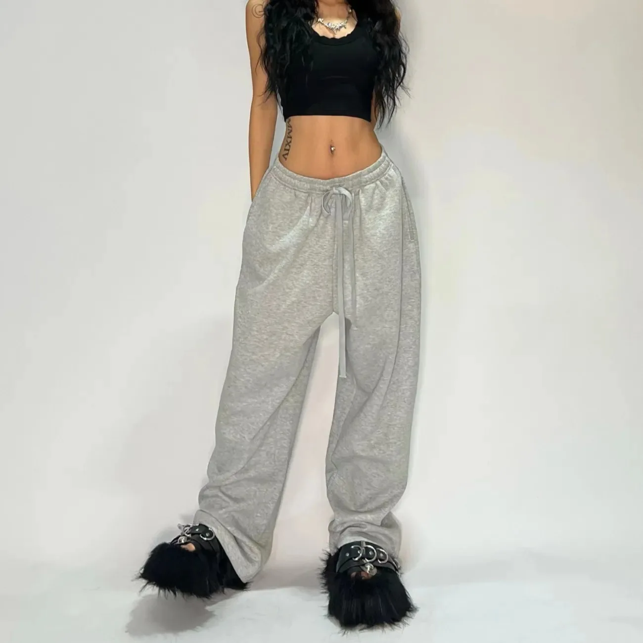 Spodnie dresowe oversize Y2K z wysokim stanem Jasny szary