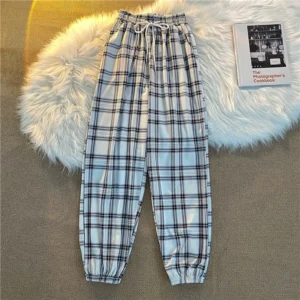 Spodnie Harajuku damskie w kratę luźne harem streetwear Biały