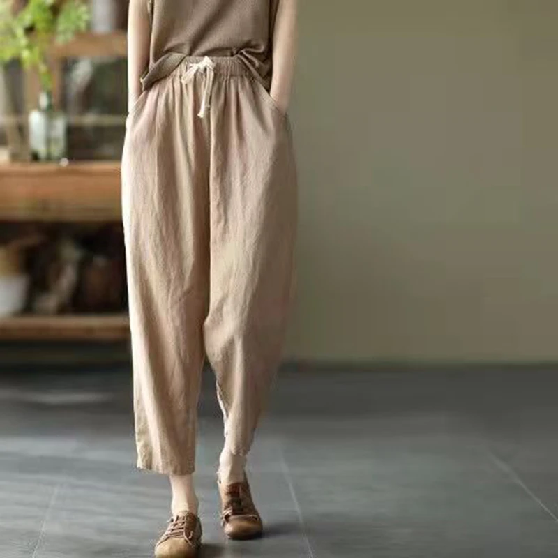 Damskie spodnie haremowe bawełniano-lniane vintage z wiązaniem w talii Khaki