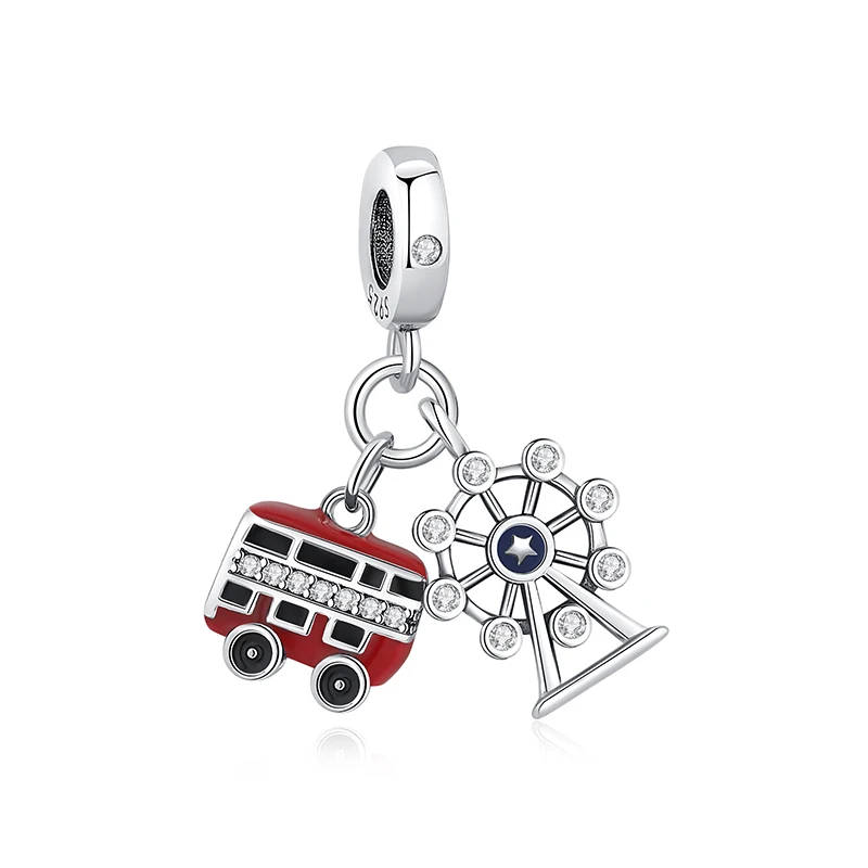 Srebrny charms autobus londyński do bransoletki Czarny