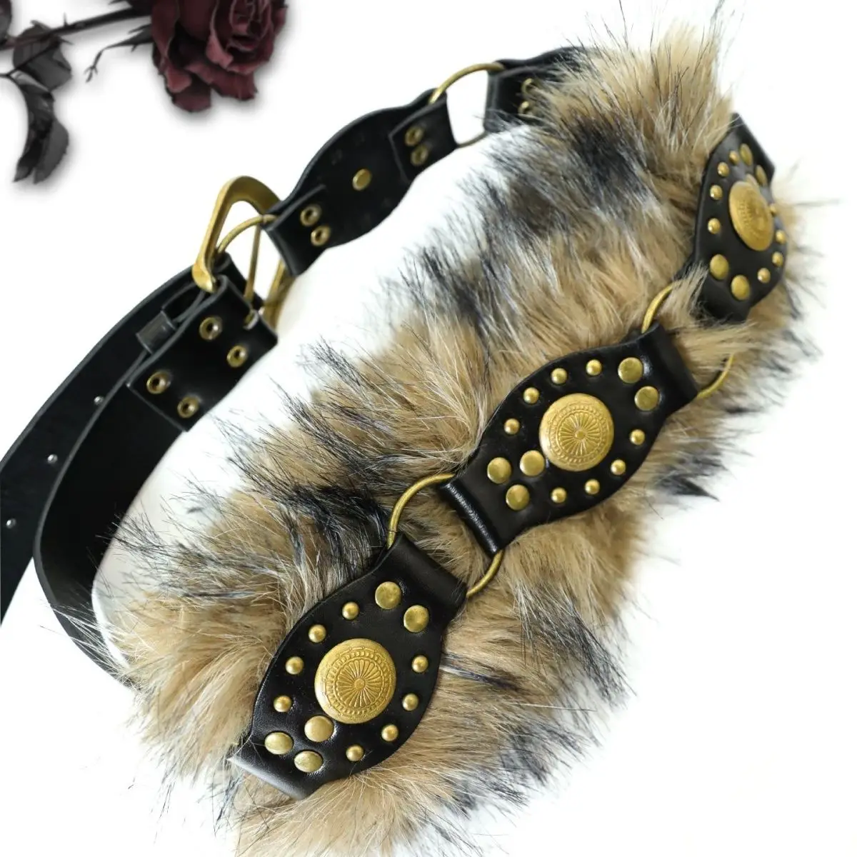 Steampunk pluszowy pasek damski Y2K z PU i futerkiem Zielony