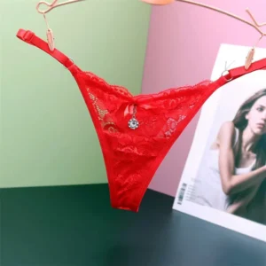 Stringi damskie z koronką i kryształkami – przezroczysta bielizna erotyczna Niebieski