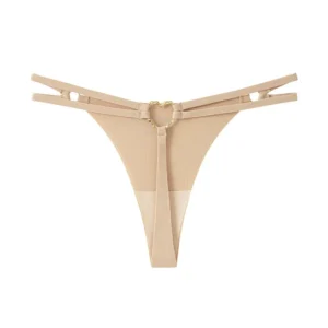 Stringi damskie z niskim stanem z podwójną klamrą — oddychające G-string Beżowy