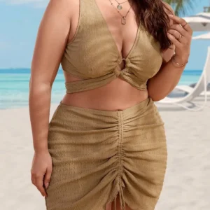 Strój kąpielowy plus size 3-częściowy ze spódniczką i push-up Brązowy