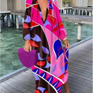 Sukienka boho maxi z długim rękawem — luźna sukienka plażowa oversize Czerwony