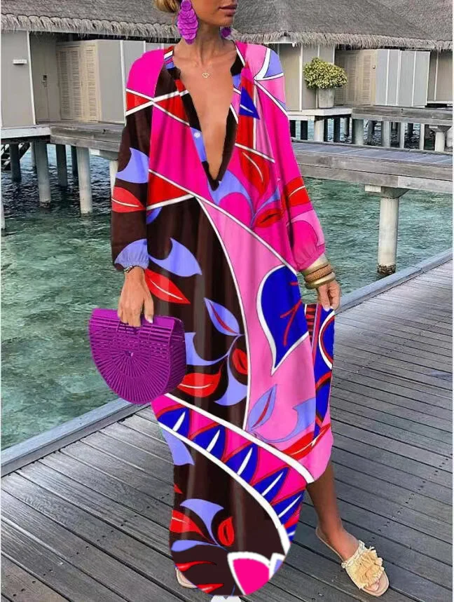 Sukienka boho maxi z długim rękawem — luźna sukienka plażowa oversize Czerwony