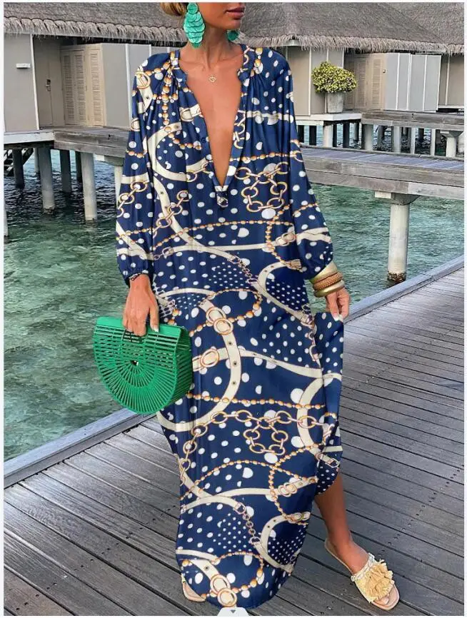 Sukienka boho maxi z długim rękawem — luźna sukienka plażowa oversize Ciemnoniebieski