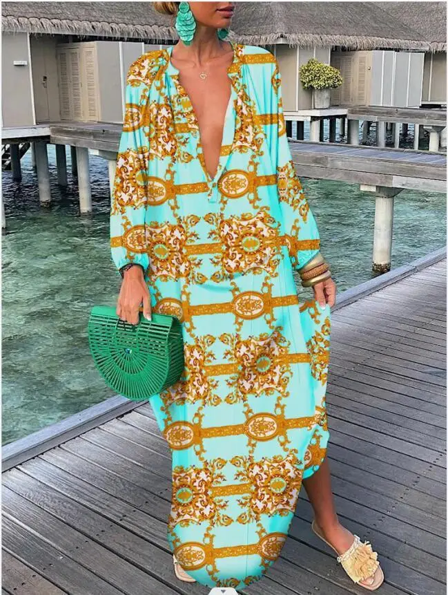 Sukienka boho maxi z długim rękawem — luźna sukienka plażowa oversize Jasny zielony