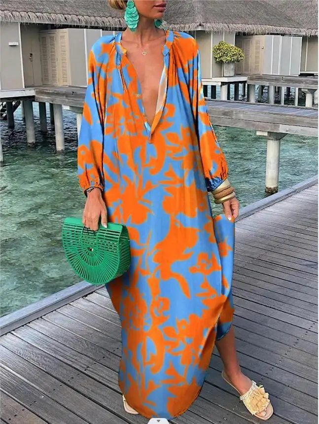 Sukienka boho maxi z długim rękawem — luźna sukienka plażowa oversize Pomarańczowy