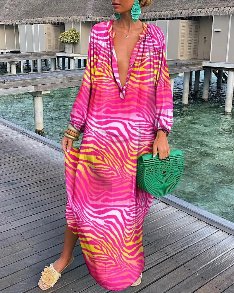 Sukienka boho maxi z długim rękawem — luźna sukienka plażowa oversize Róża czerwona