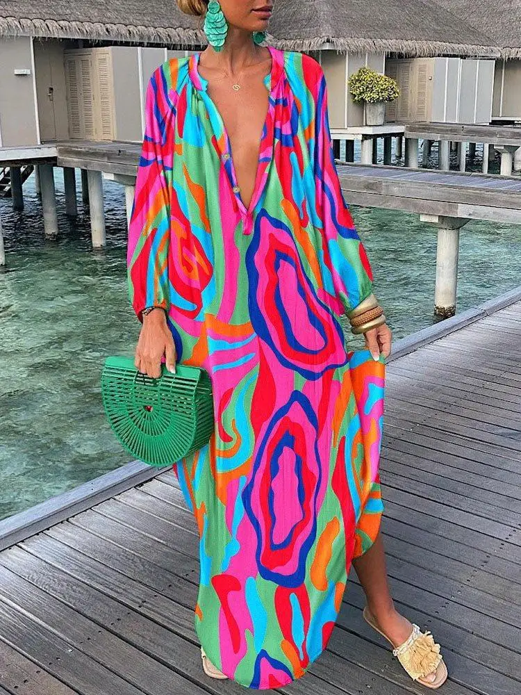 Sukienka boho maxi z długim rękawem — luźna sukienka plażowa oversize Szmaragdowa zieleń