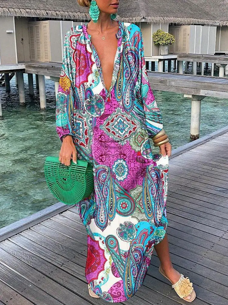 Sukienka boho maxi z długim rękawem — luźna sukienka plażowa oversize Zielony