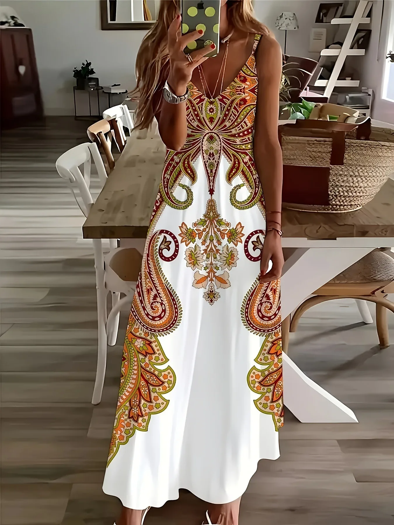 Sukienka boho maxi na ramiączkach w kwiaty żółty