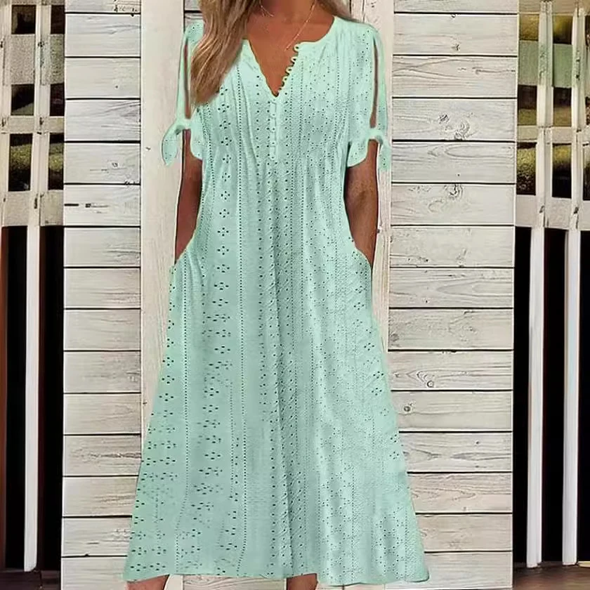 Sukienka damska midi boho z odkrytymi ramionami i guzikami Jasnozielony