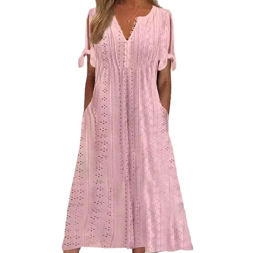 Sukienka damska midi boho z odkrytymi ramionami i guzikami Różowy