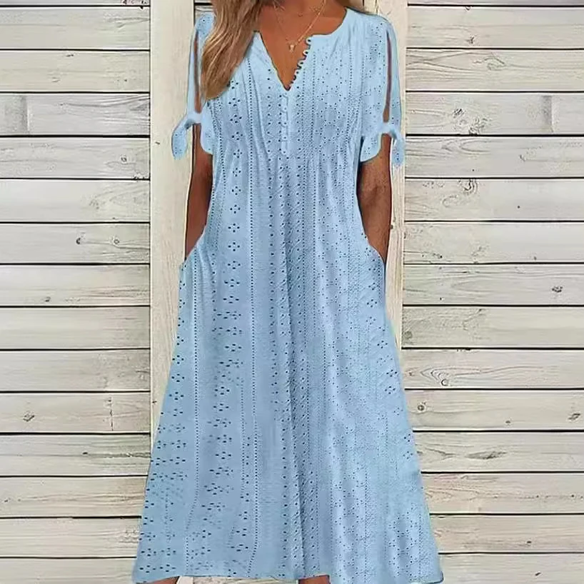 Sukienka damska midi boho z odkrytymi ramionami i guzikami Błękitny