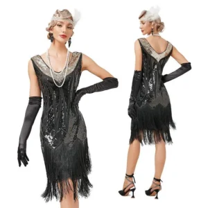 Sukienka w stylu lat 20. Gatsby – cekinowa z frędzlami bez rękawów Czarny