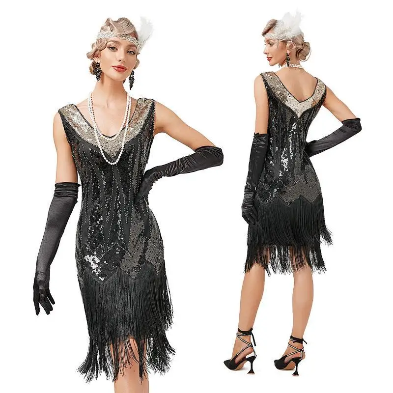 Sukienka w stylu lat 20. Gatsby – cekinowa z frędzlami bez rękawów Czarny
