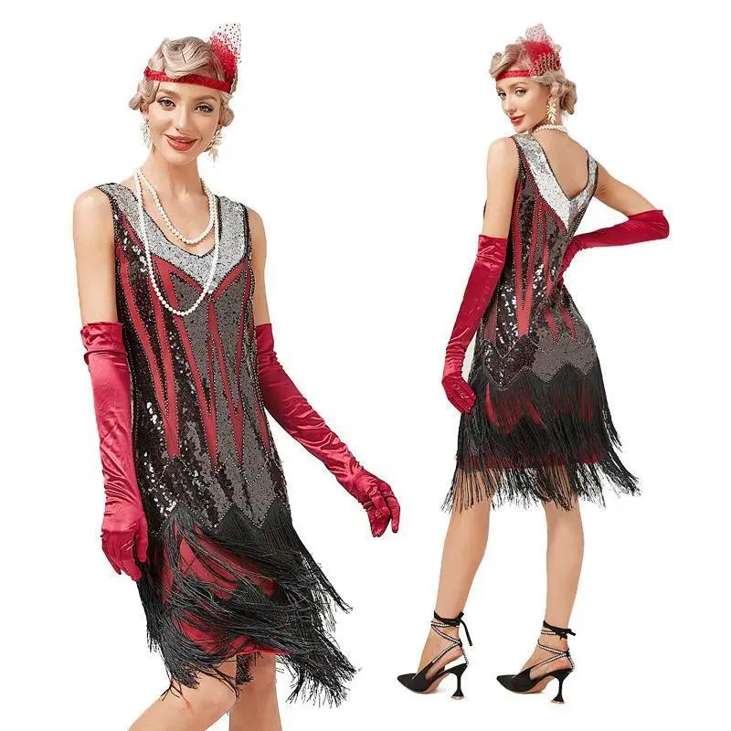 Sukienka w stylu lat 20. Gatsby – cekinowa z frędzlami bez rękawów Czerwony