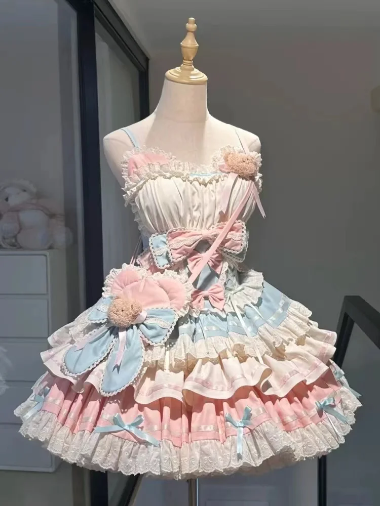 Sukienka lolita z kokardą i bufiastymi rękawami - styl Y2K Beżowy