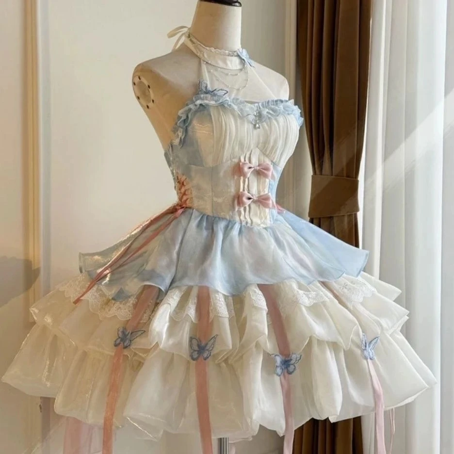 Sukienka lolita z kokardą i bufiastymi rękawami - styl Y2K Błękitny