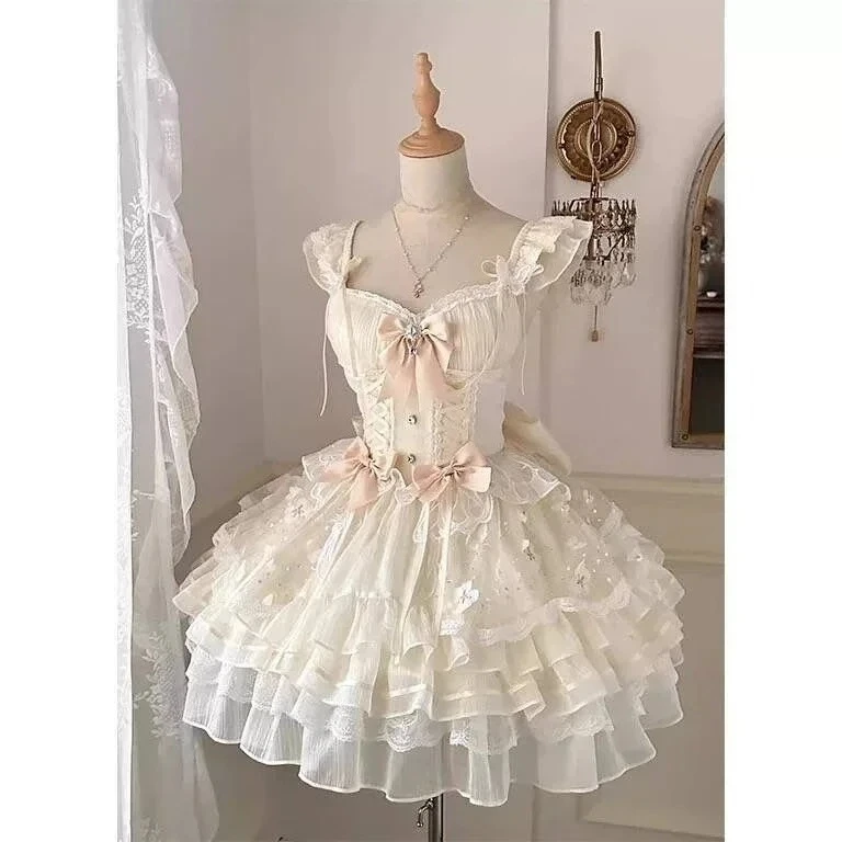 Sukienka lolita z kokardą i bufiastymi rękawami - styl Y2K Jasny zielony