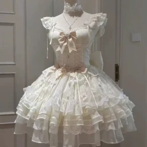 Sukienka Lolita z kokardą i koronką — styl Y2K Vintage wróżka Czarny