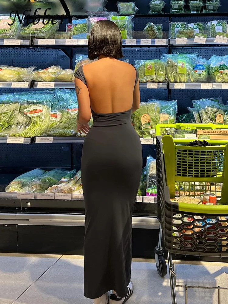 Sukienka maxi bodycon z odkrytymi plecami Ciemnoszary