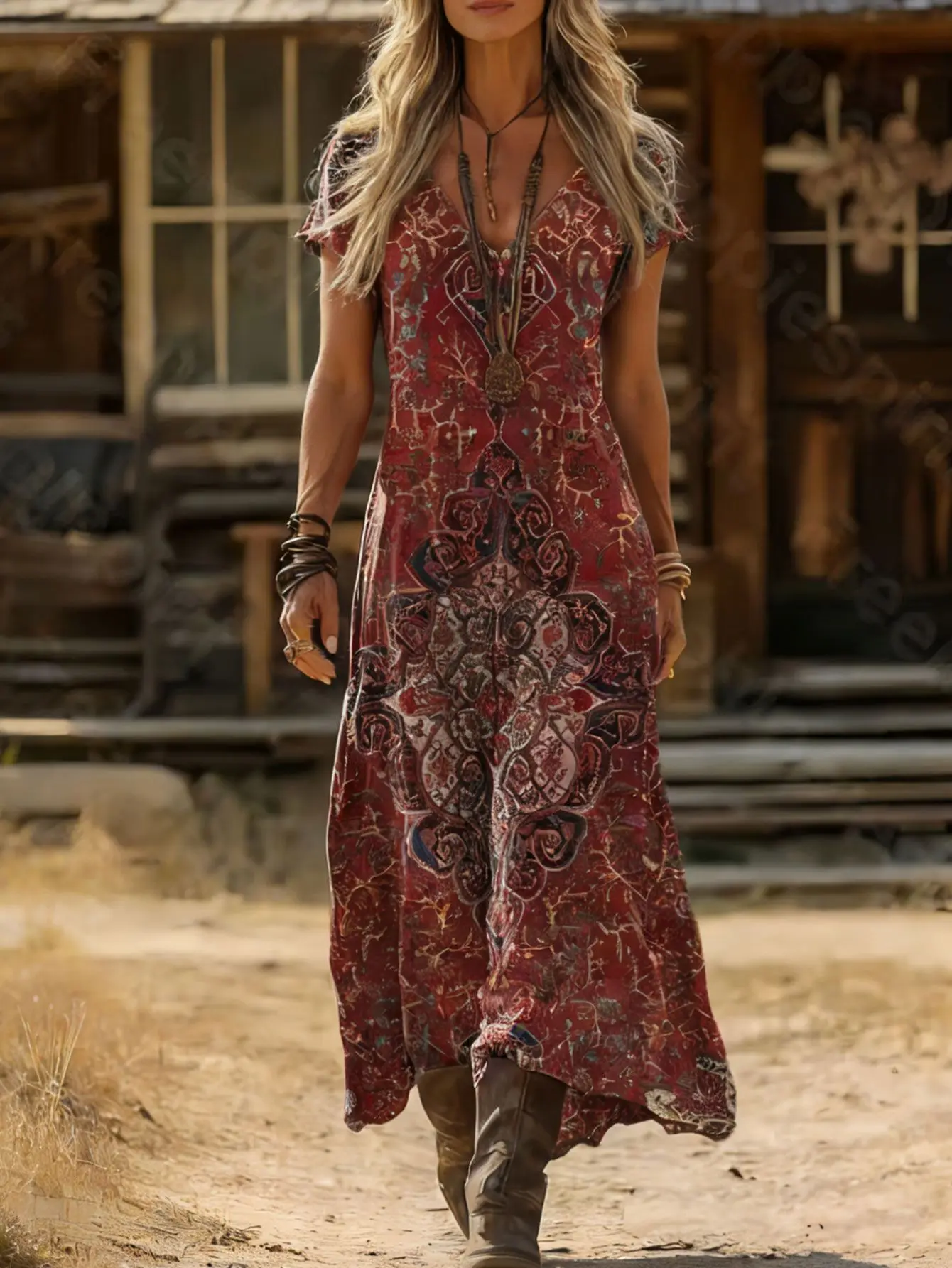 Sukienka maxi boho plus size z dekoltem V i krótkim rękawem Burgundia