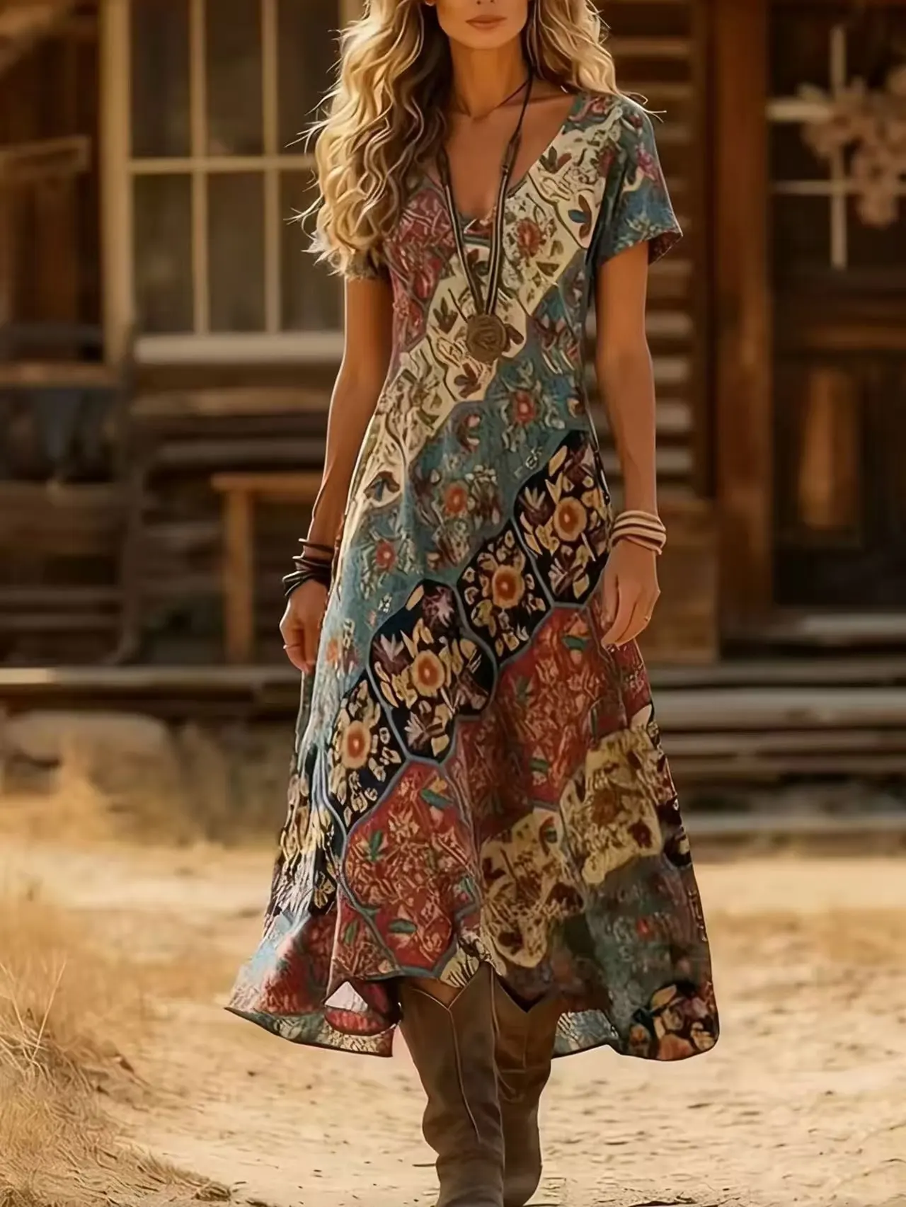 Sukienka maxi boho plus size z dekoltem V i krótkim rękawem Granatowy