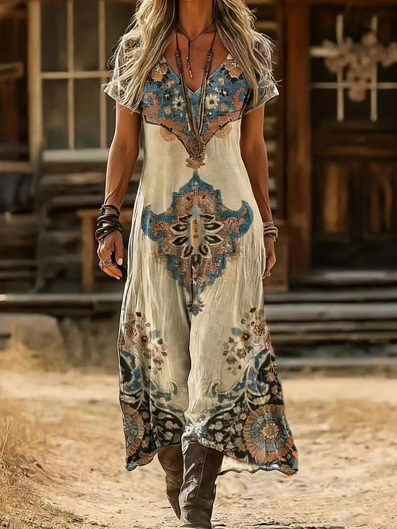 Sukienka maxi boho plus size z dekoltem V i krótkim rękawem Kolba