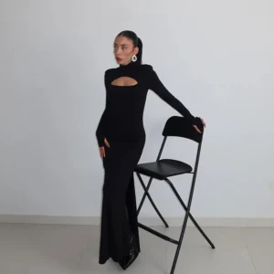 Sukienka Maxi z golfem i długim rękawem Bodycon Czarny