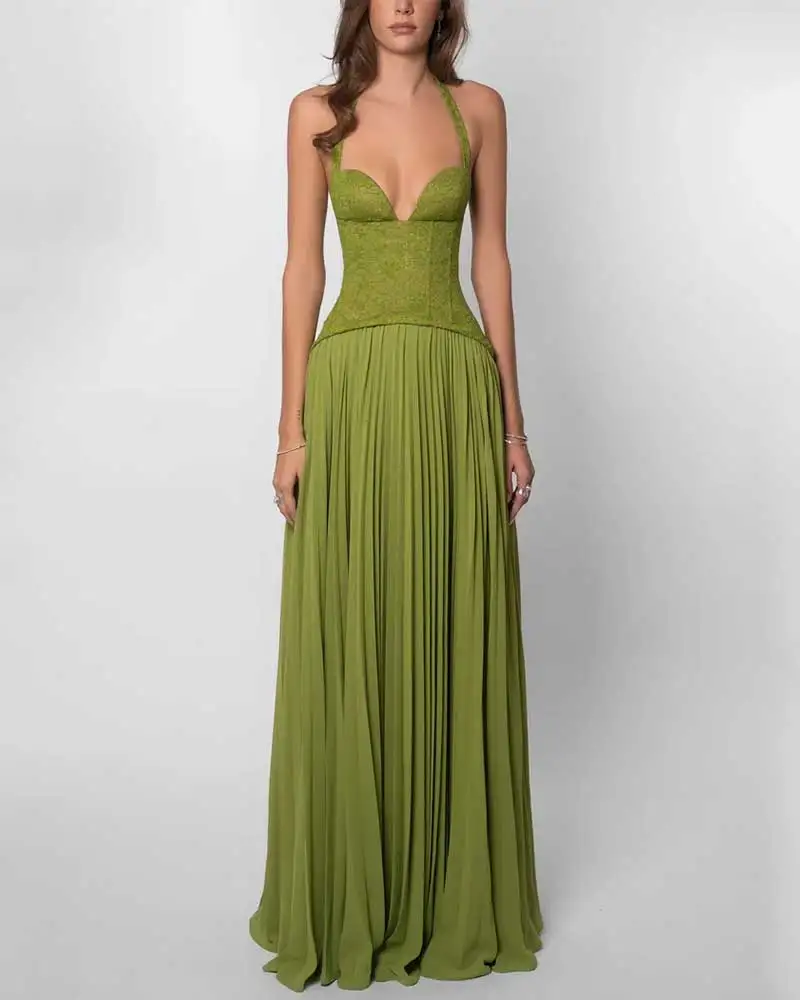 Elegancka sukienka maxi z gorsetowym dekoltem halter Zielony