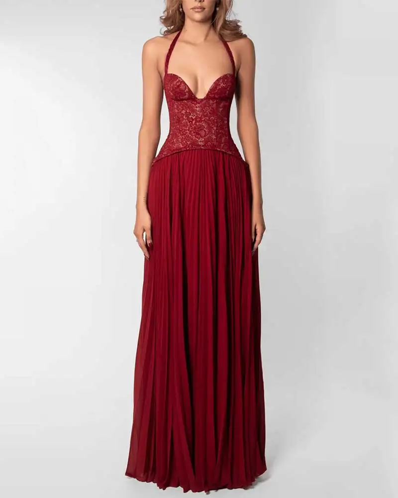 Elegancka sukienka maxi z gorsetowym dekoltem halter Czerwony
