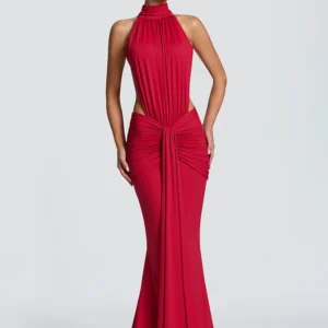 Sukienka maxi z odkrytymi plecami - elegancka, dopasowana na imprezę Czerwony