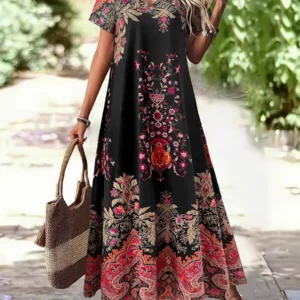 Sukienka maxi plus size w kwiaty paisley, boho Różowy