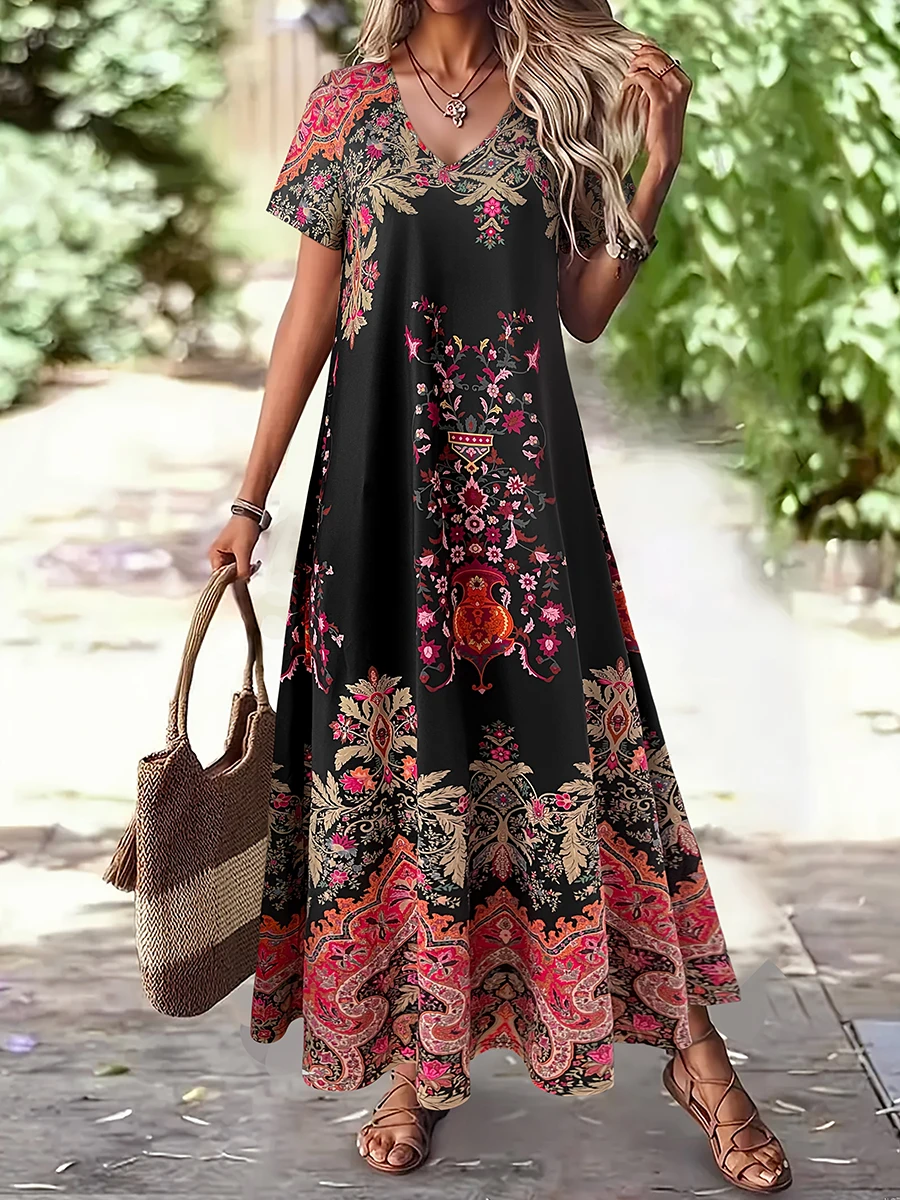 Sukienka maxi plus size w kwiaty paisley, boho Różowy