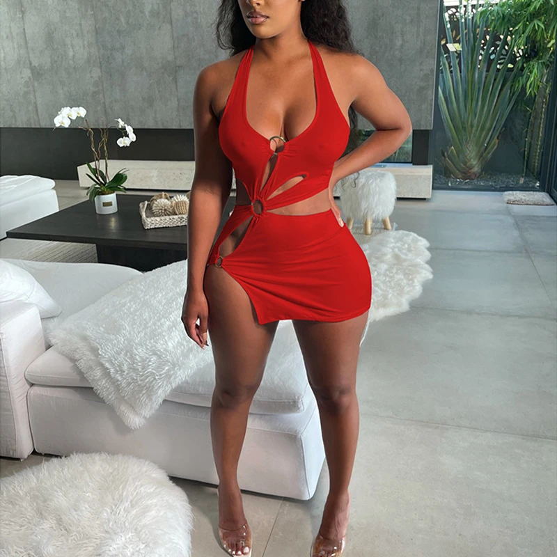 Sukienka mini bodycon bez rękawów na lato Czerwony