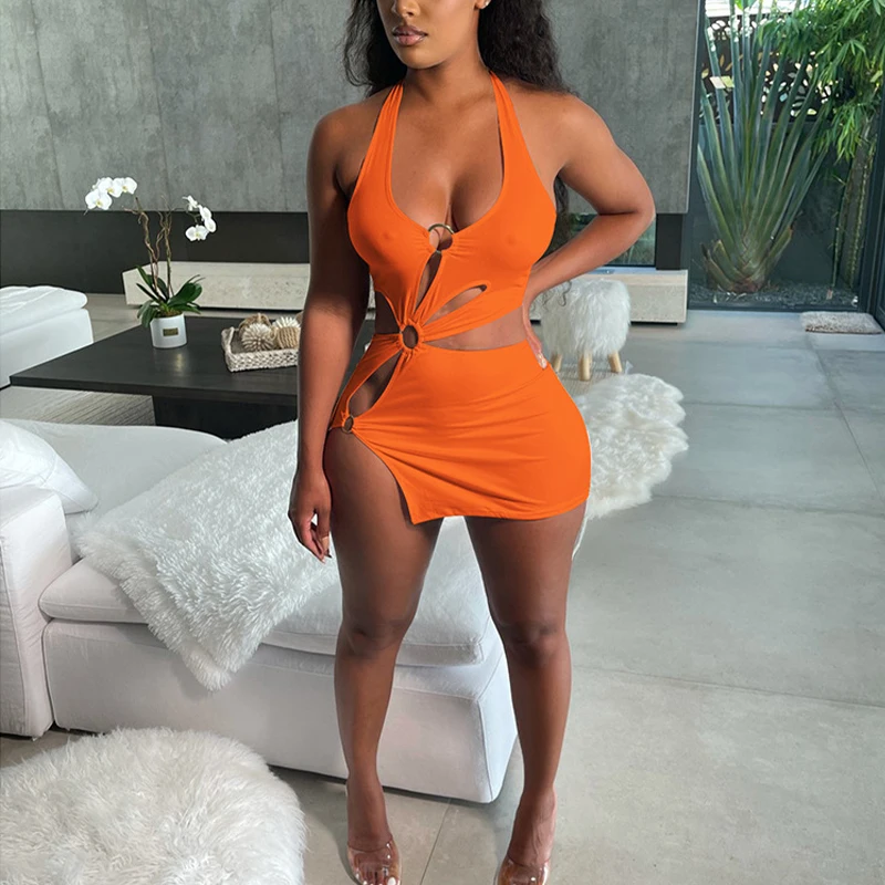 Sukienka mini bodycon bez rękawów na lato Pomarańczowy
