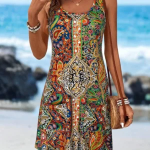 Sukienka mini boho w etniczny wzór paisley z kieszeniami Wielo