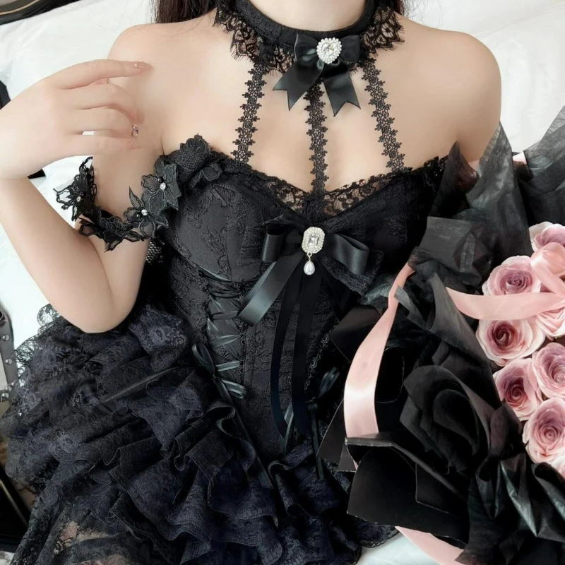 Sukienka mini Lolita wiktoriańska z koronką i kokardy – styl Harajuku Y2K Czarny