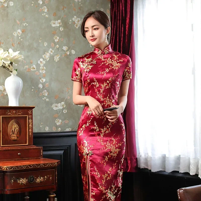 Sukienka qipao w stylu chińskim cheongsam Bordowy