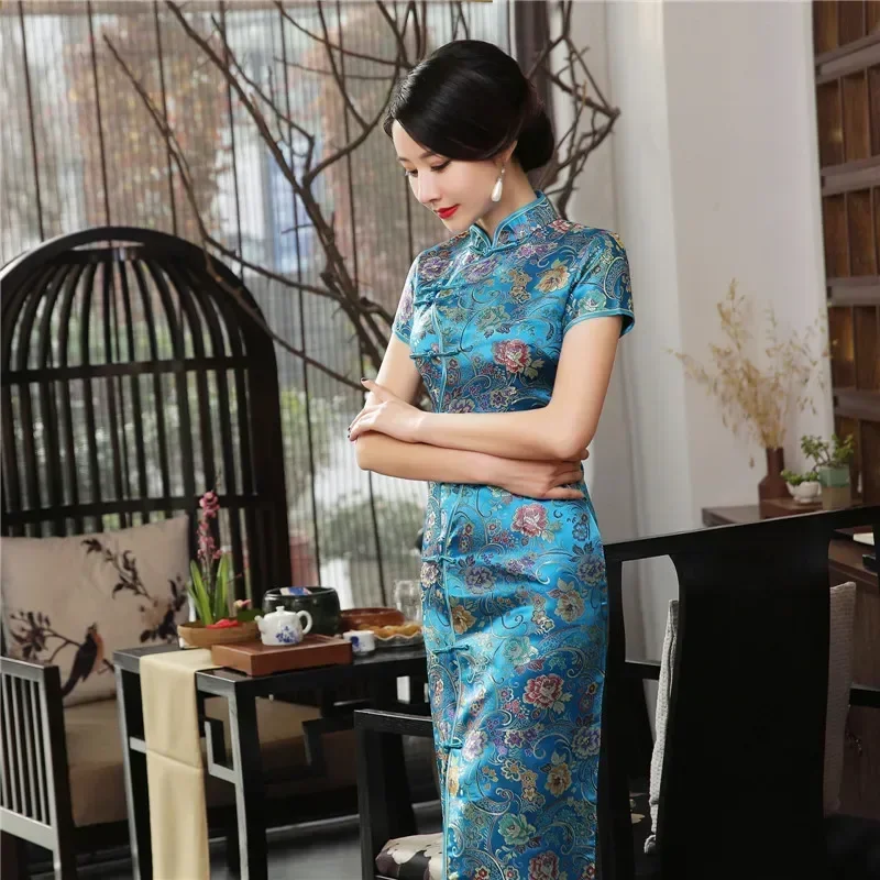 Sukienka qipao w stylu chińskim cheongsam Niebieski