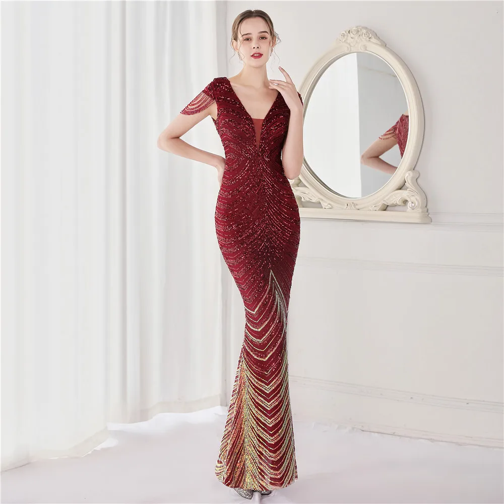Elegancka suknia wieczorowa syrenka z koralikami Burgundia