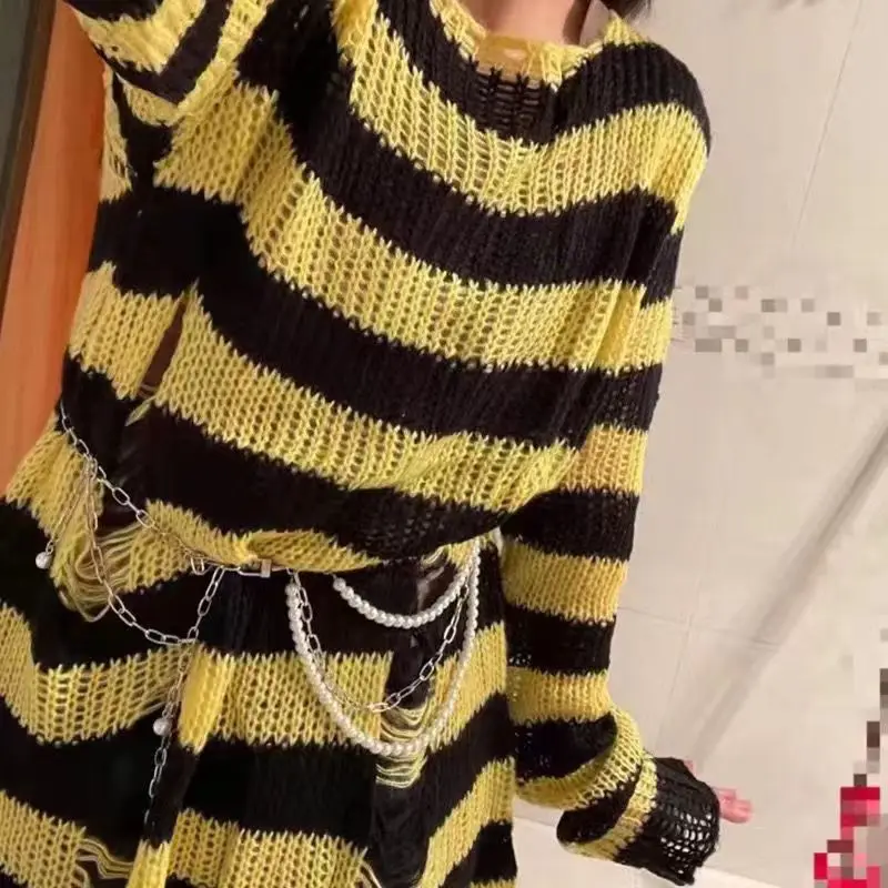 Sweter ażurowy unisex w stylu punk grunge żółty