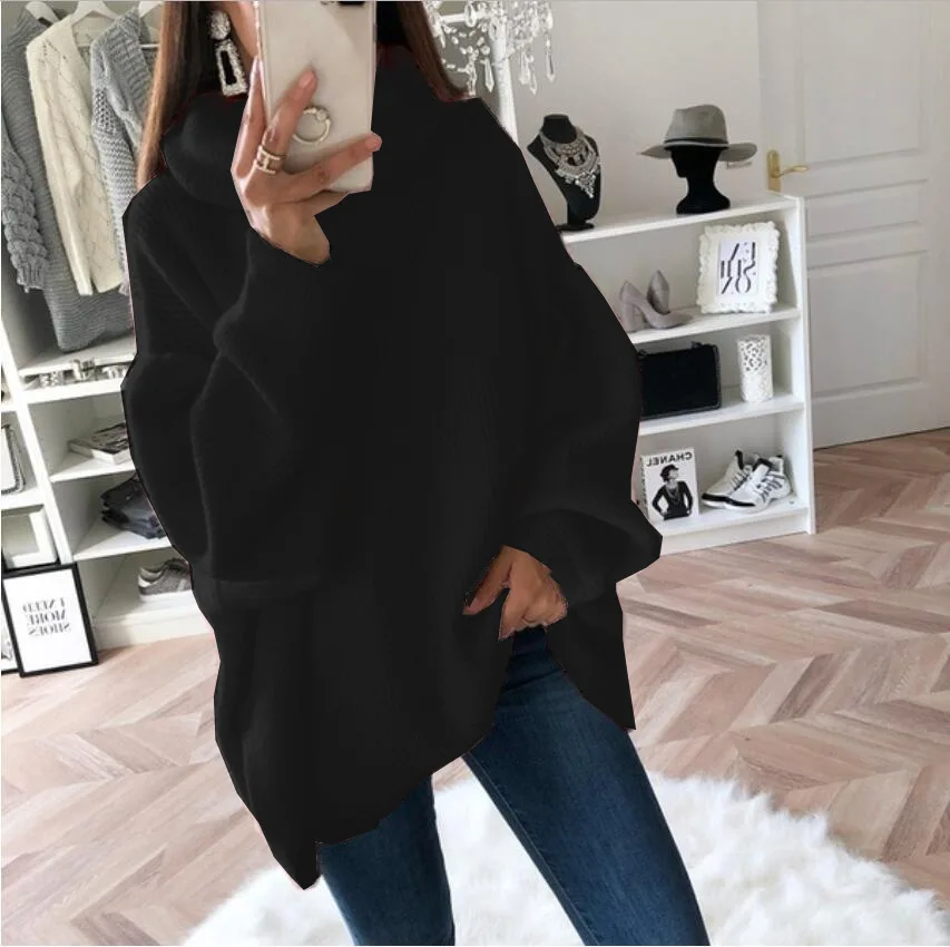 Sweter damski golf oversize z dzianiny Czarny